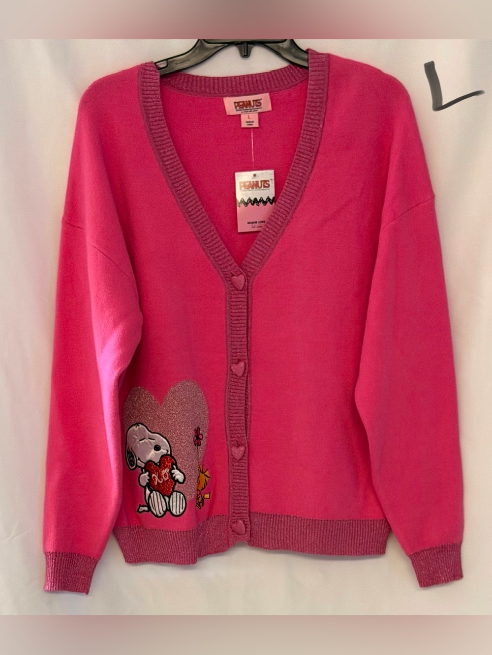 Peanuts Women's Bright Pink Button-Up Cardigan with Snoopy Heart Patch